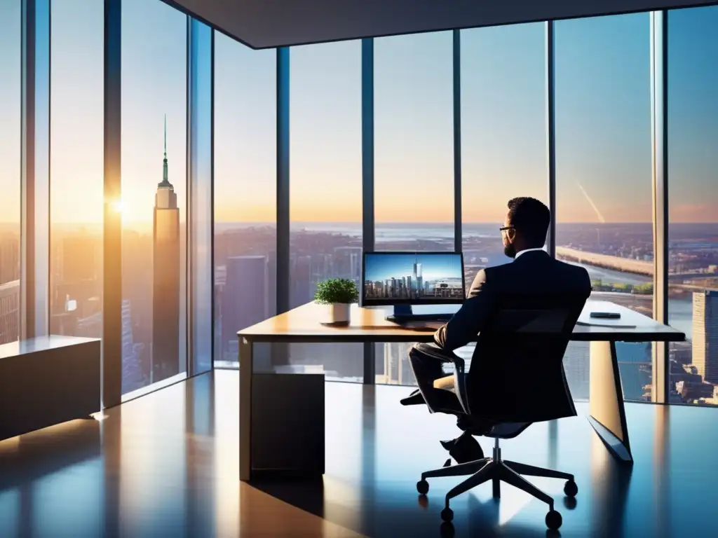 Oficina moderna con vista panorámica Oficina moderna con vista panorámica de distrito financiero, resaltando la importancia de la inversión activa en mercados financieros