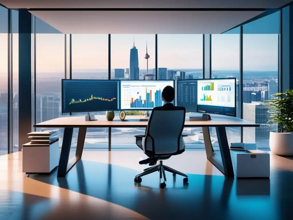 Oficina moderna con vista panorámica de ciudad en 8k Oficina moderna con vista panorámica de una ciudad activa