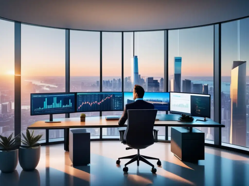Oficina moderna con vista panorámica de ciudad Oficina moderna con vista panorámica de la ciudad, muebles minimalistas y tecnología avanzada