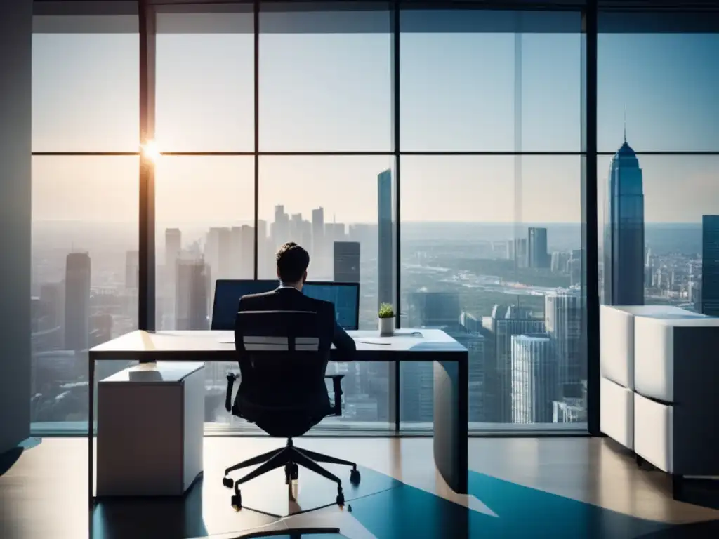 Oficina moderna con vista panorámica de la ciudad Oficina moderna con vista panorámica de ciudad, estrategias disciplina financiera inversiones