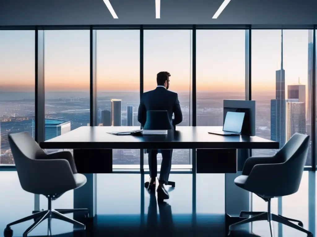Oficina moderna con vista panorámica Oficina moderna con vista panorámica de la ciudad - Sesgo de disponibilidad en inversiones financieras