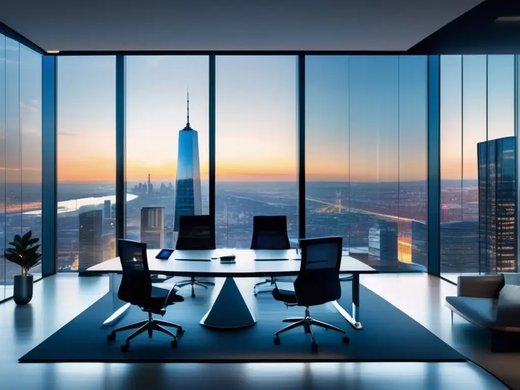 Moderna oficina con vista a la ciudad Oficina moderna con vista panorámica, profesionales en discusión y certificaciones financieras