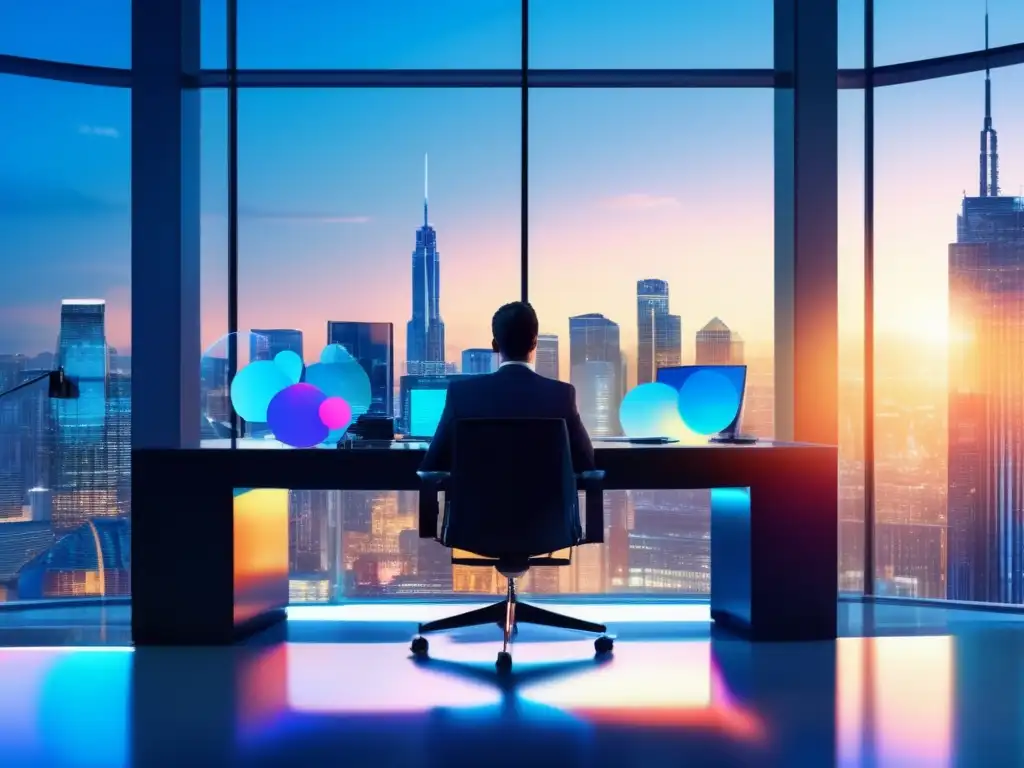 Oficina moderna, decisiones financieras Oficina moderna con vista panorámica, persona profesional pensando en decisiones de inversión