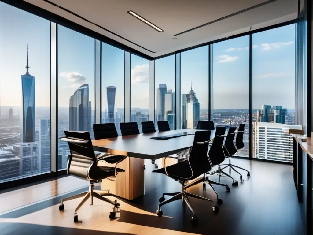 Oficina moderna con vista panorámica y profesionales discutiendo ESG Oficina moderna con vista panorámica de la ciudad, destacando estándares ESG en inversiones