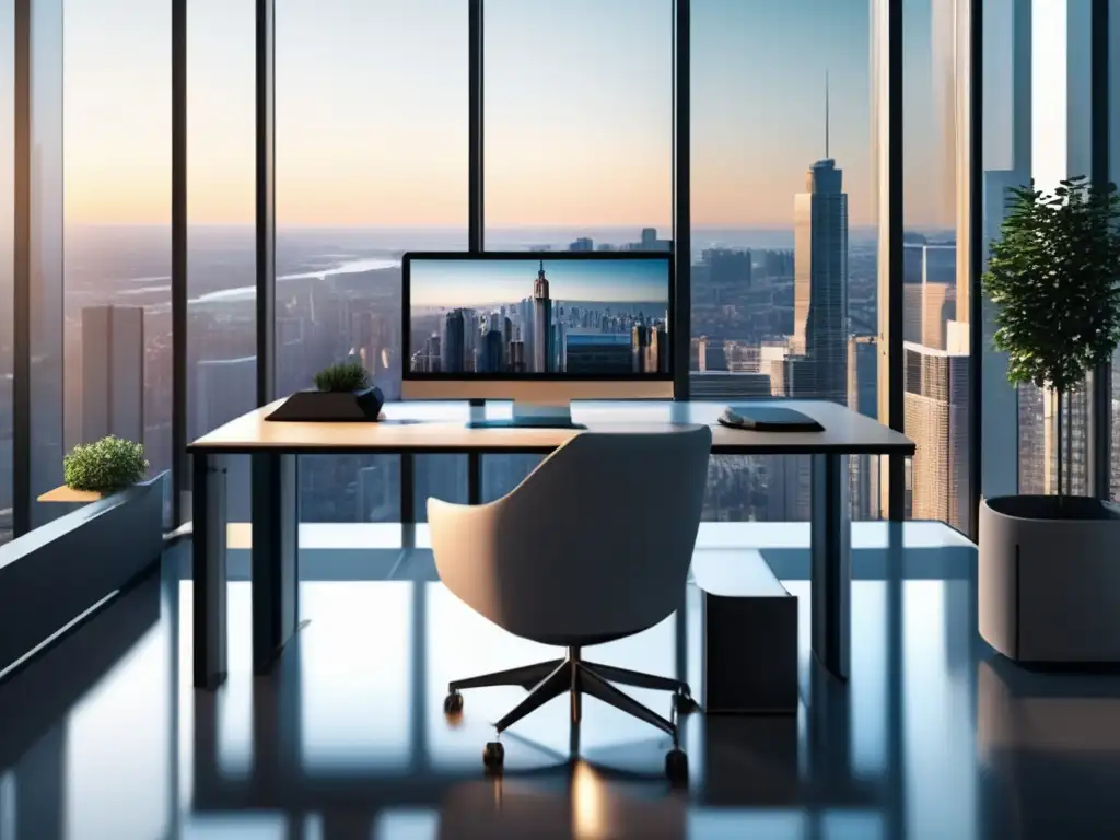 Oficina moderna con vista panorámica y chart de asset allocation Oficina moderna con vista panorámica desde un rascacielos, mostrando un espacio de trabajo minimalista con ventanas de piso a techo