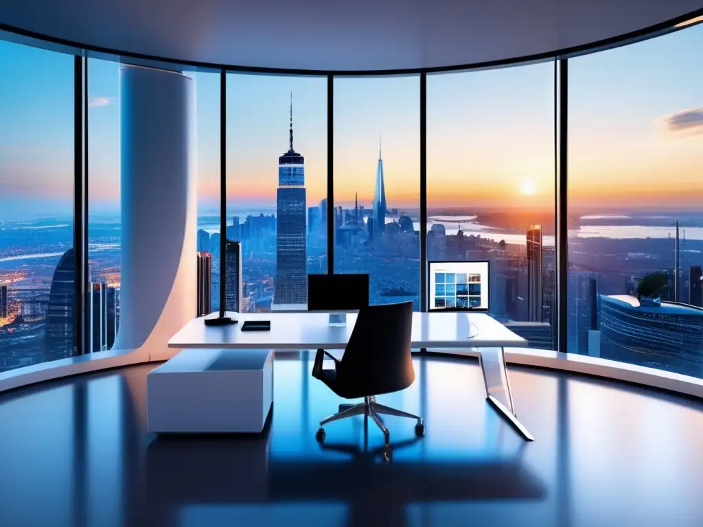 Oficina moderna con vista panorámica Oficina moderna con vista panorámica de ciudad al atardecer, mostrando plataforma de inversión segura y guía de ciberseguridad