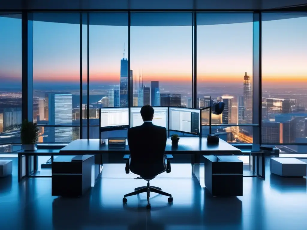 Oficina moderna con vista panorámica de la ciudad Oficina moderna con vista panorámica de una ciudad, muebles minimalistas y un individuo profesional analizando gráficos financieros en una tablet