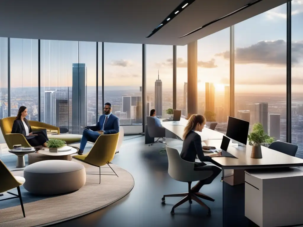 Oficina moderna con vista panorámica de la ciudad Oficina moderna con vista panorámica de ciudad, profesionales diversos trabajando juntos - Roboadvisors para inversión diversificada