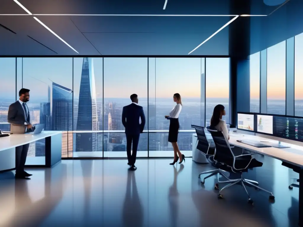 Oficina moderna con diseño minimalista Oficina moderna con vista panorámica y profesionales discutiendo (Errores comunes Roboadvisors evitar ganancias)
