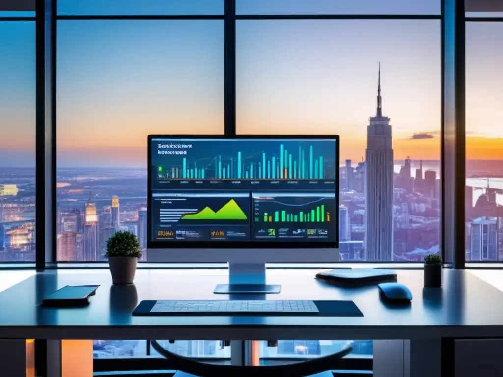 Oficina moderna con roboadvisor y vista panorámica de la ciudad Oficina moderna con vista panorámica de ciudad, pantalla de roboadvisor mostrando opciones de inversión y datos de mercado en tiempo real