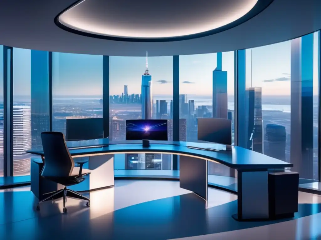 Oficina moderna con roboadvisor avanzado Oficina moderna con vista panorámica de la ciudad y roboadvisor - Ventajas de los Roboadvisors en inversiones
