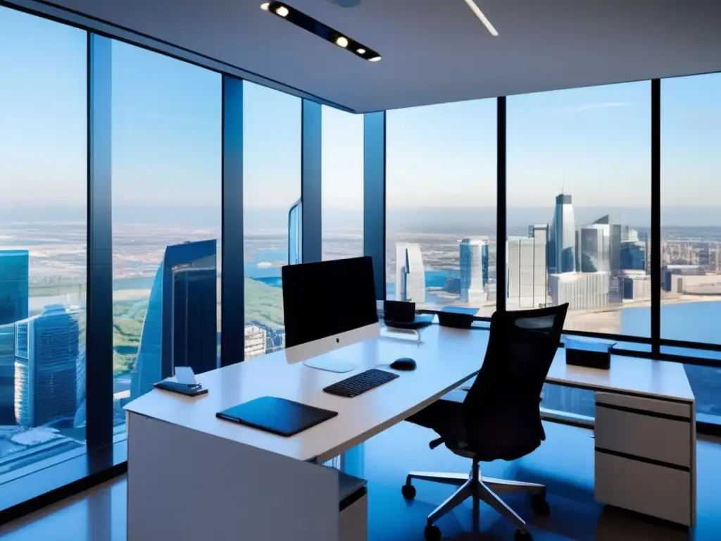 Oficina moderna con vista panorámica de la ciudad Oficina moderna con vista panorámica de la ciudad y escritorio con análisis financiero - Diversificación inteligente criptomonedas bolsa