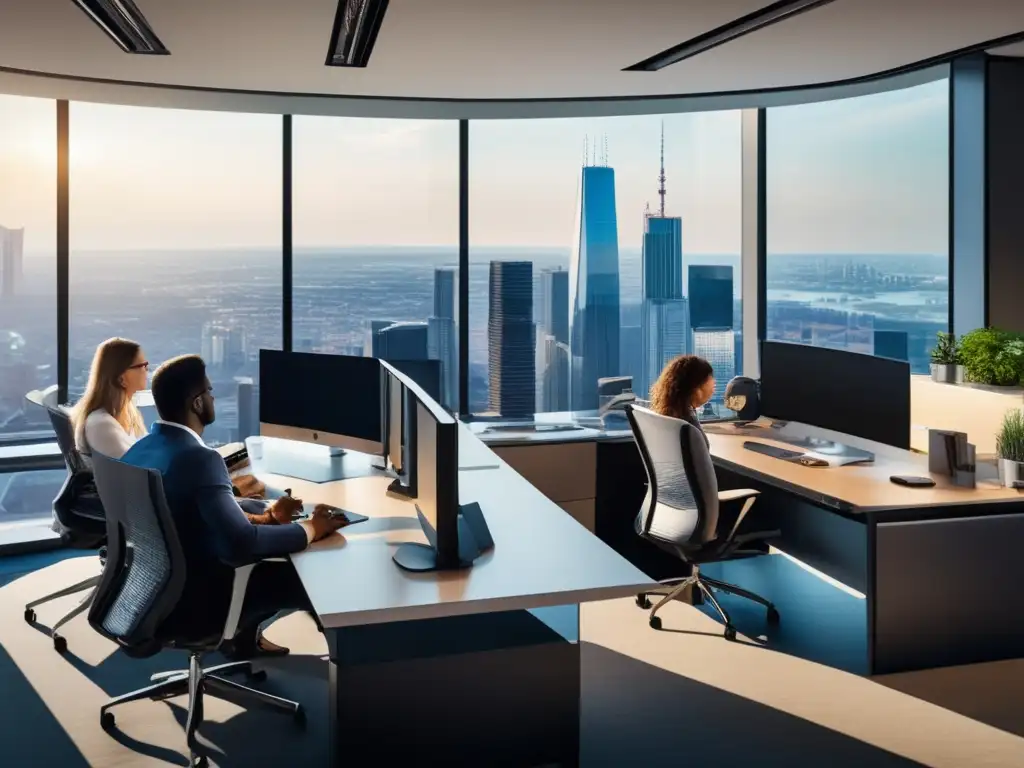 Oficina moderna con vista panorámica de la ciudad Oficina moderna con vista panorámica de la ciudad y profesionales trabajando en computadoras, rodeados de pantallas mostrando datos y tendencias de inversión en tiempo real
