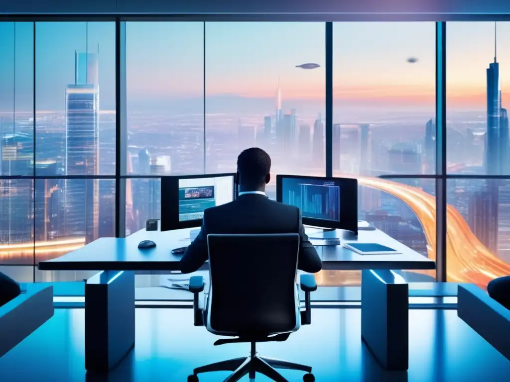 Oficina moderna con vista panorámica de la ciudad Oficina moderna con vista panorámica de ciudad, profesional analizando datos y ventajas de invertir con Roboadvisors