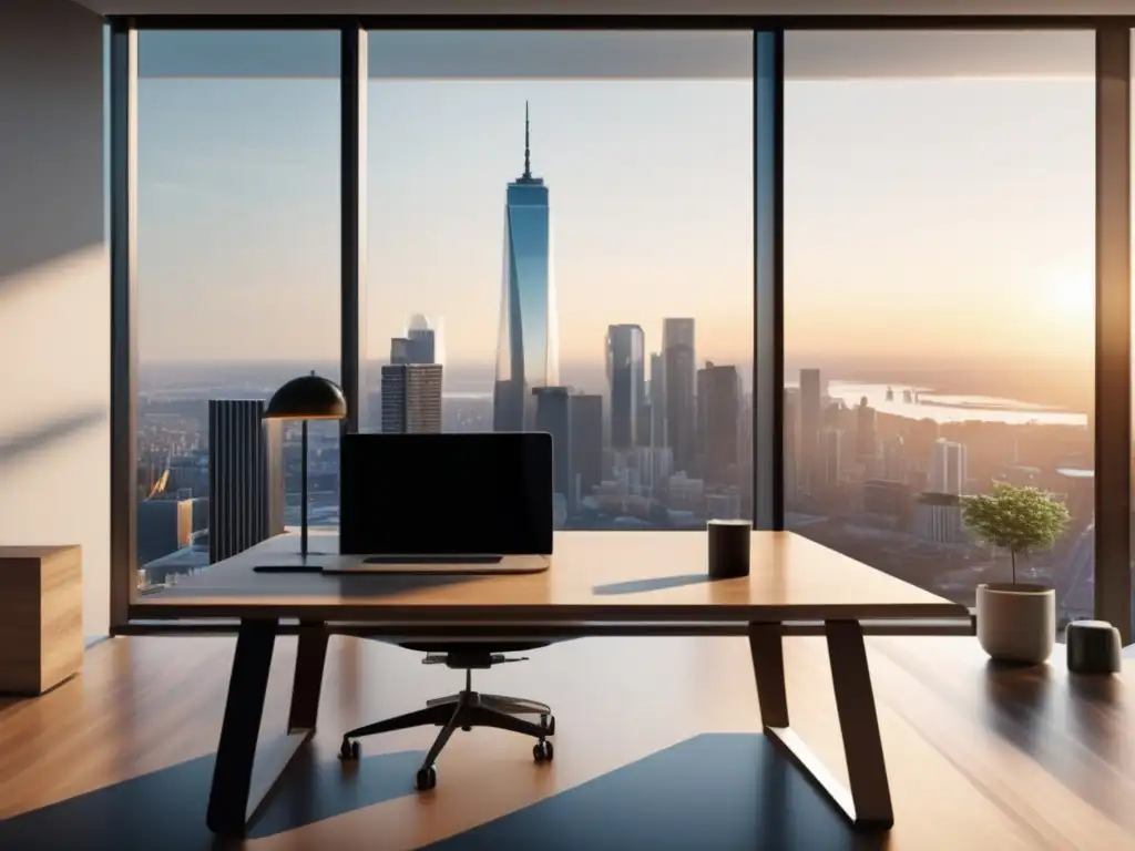 Espacio de oficina moderno con vista panorámica de la ciudad Oficina moderna con vista panorámica de la ciudad, ambiente sereno, escritorio organizado con laptop y plataforma fintech