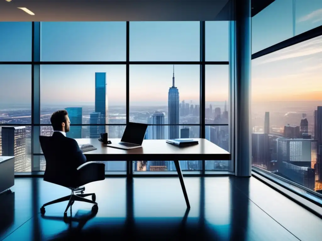 Oficina moderna con vista panorámica de la ciudad y un inversor enfocado Oficina moderna con vista panorámica de la ciudad: Estrategias de inversión con Roboadvisors a largo plazo