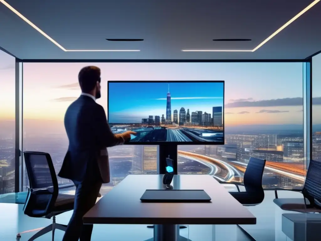 Oficina moderna con vista panorámica de la ciudad Oficina moderna con vista panorámica de una ciudad, robótica y gestión de inversiones