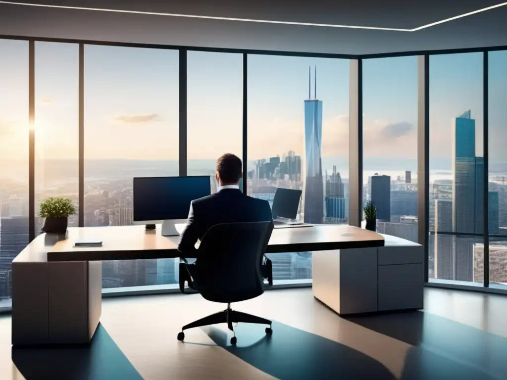 Moderna oficina con vista panorámica de la ciudad Oficina moderna con vista panorámica de una ciudad
