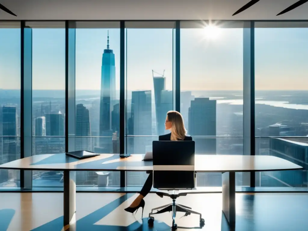 Oficina moderna con vistas a la ciudad Oficina moderna con vista panorámica de la ciudad, mobiliario minimalista y una profesional confiable