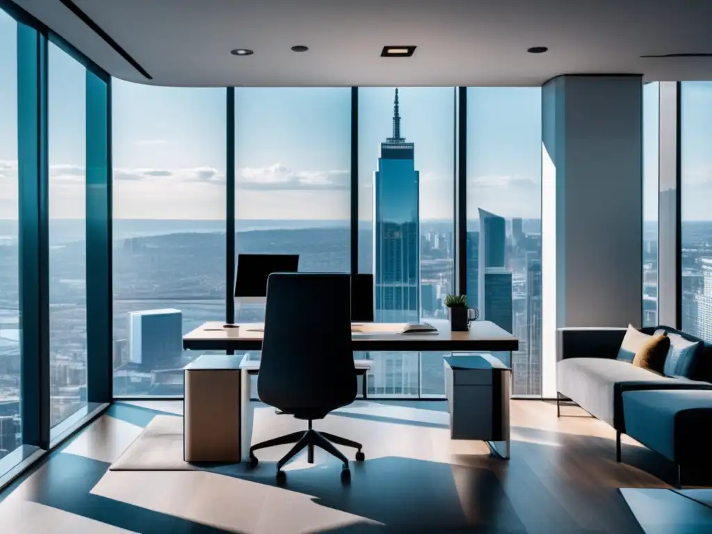 Oficina moderna con asesor financiero Oficina moderna con vista panorámica de la ciudad y asesor financiero