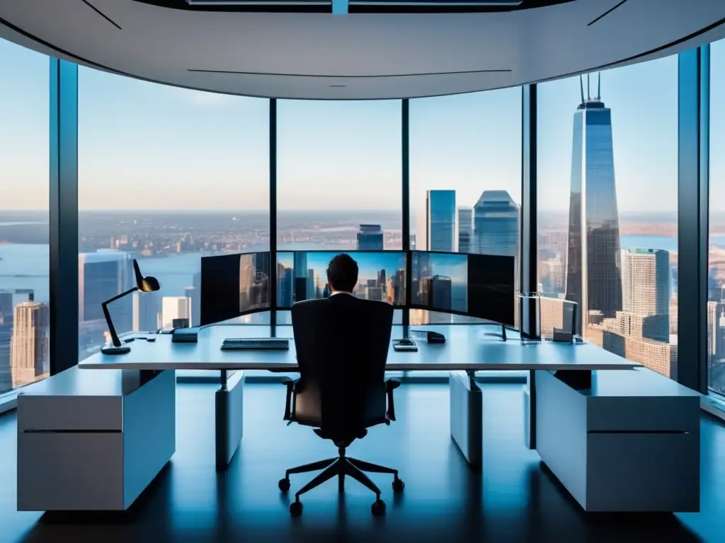 Espacio de oficina moderno - Oficina moderna con vista panorámica de distrito financiero, inversor analizando oportunidades en laptop de última generación