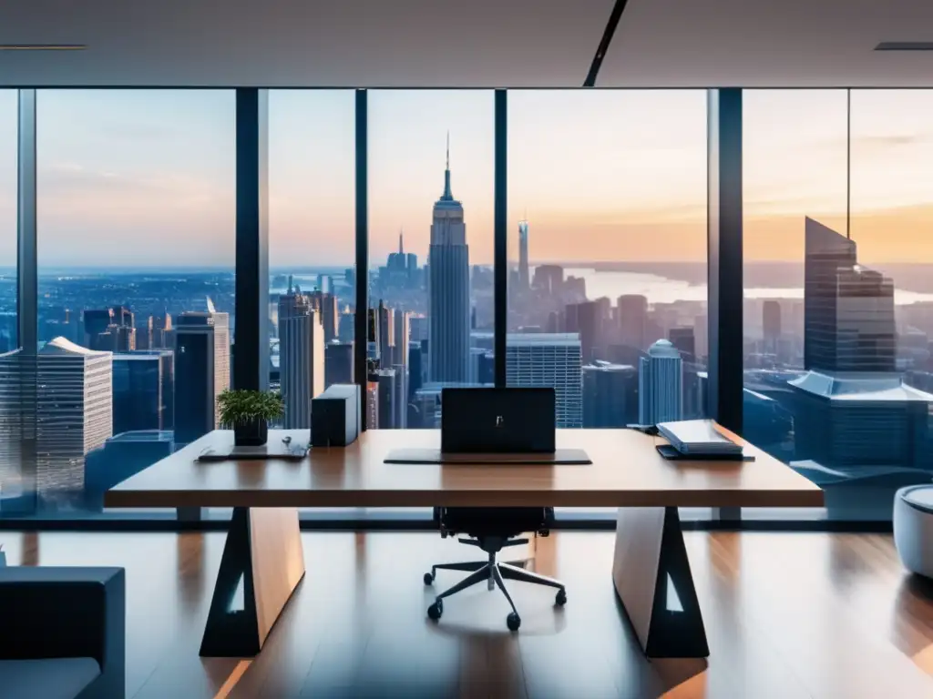 Oficina moderna y profesional Oficina moderna con vista panorámica de la ciudad y escritorio minimalista