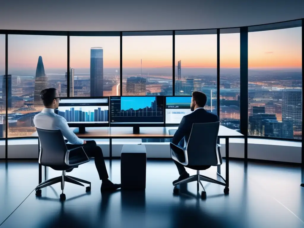 Oficina moderna con vista panorámica de la ciudad Oficina moderna con vista panorámica de una ciudad y tecnología avanzada, simbolizando modelos de inversión corto plazo y diversificación de cartera