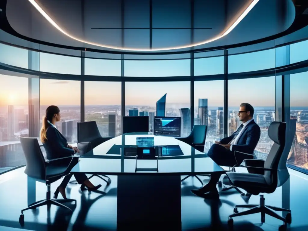 Moderna sala de juntas con vista panorámica de la ciudad Oficina moderna con vista panorámica de la ciudad y profesionales analizando bonos corporativos - Beneficios de invertir en bonos corporativos
