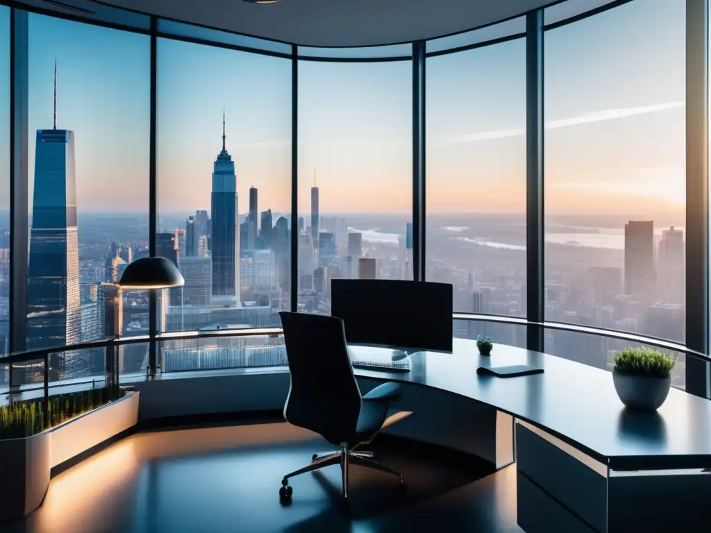 Oficina moderna con vista panorámica de la ciudad Oficina moderna con vista panorámica de ciudad y analista financiero con estrategia de diversificación y noticias