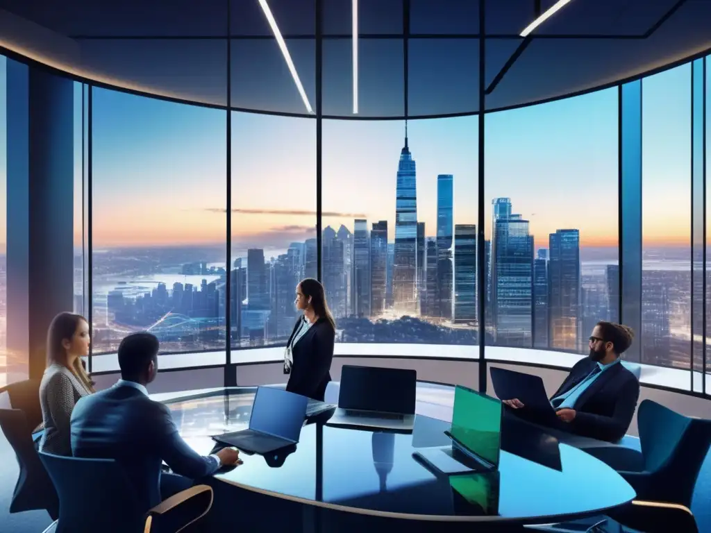 Oficina moderna con vista panorámica de ciudad Oficina moderna con vista panorámica de la ciudad, profesionales discutiendo decisiones financieras y análisis