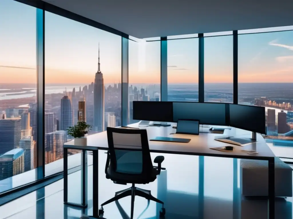 Oficina moderna con vista panorámica Oficina moderna con vista panorámica de la ciudad y escritorio de vidrio con laptop y gráficos financieros