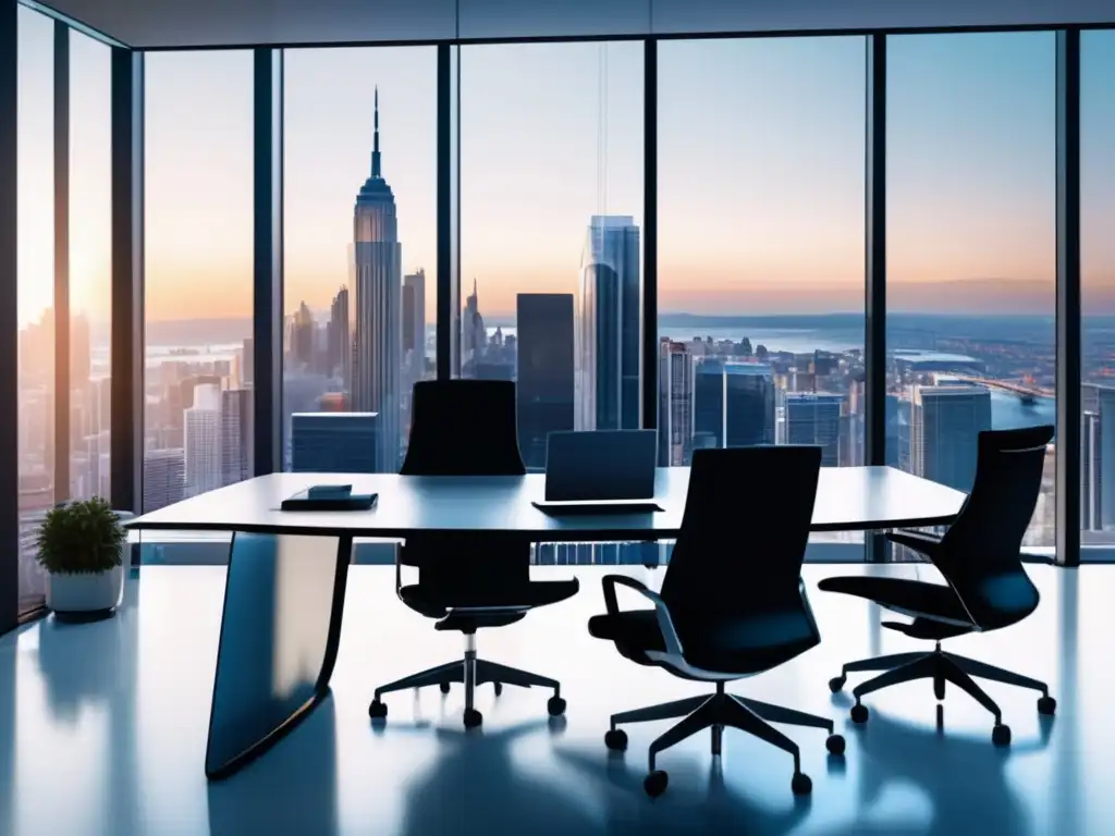 Oficina moderna con vista a la ciudad Oficina moderna con vista panorámica, muebles elegantes y beneficios de inversión a largo plazo