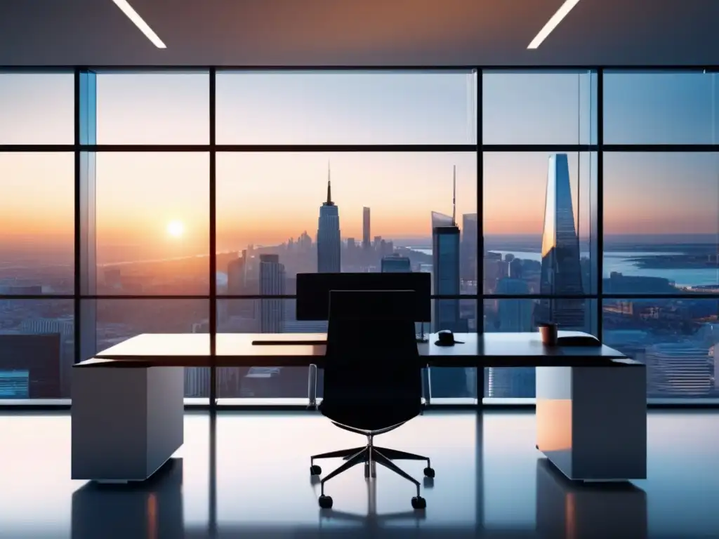 Oficina moderna y sofisticada con vista panorámica de ciudad al atardecer Oficina moderna con vista panorámica de la ciudad al atardecer
