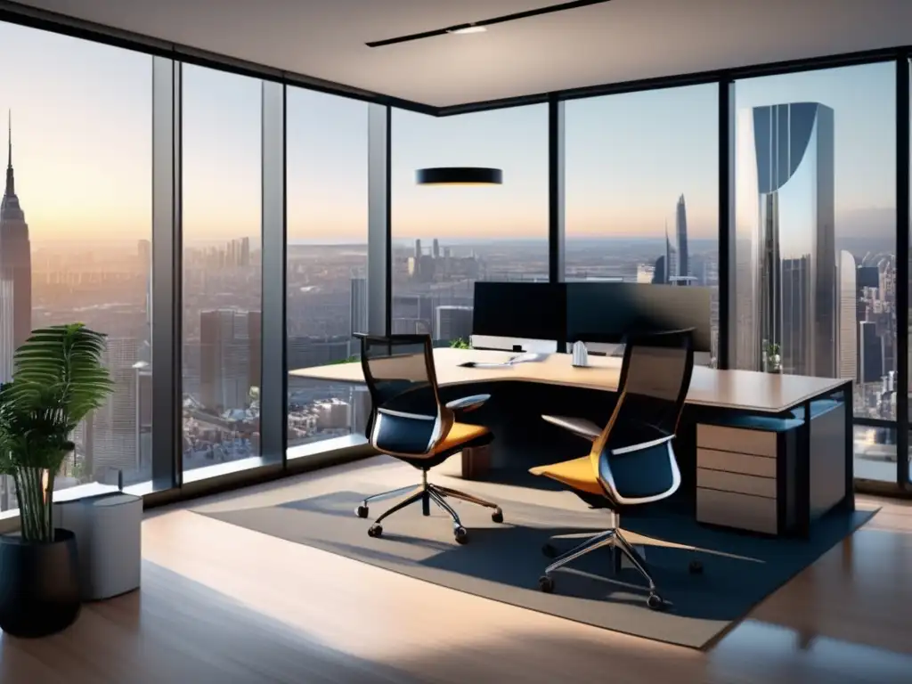 Oficina moderna con vista panorámica de la ciudad Oficina moderna con vista panorámica, análisis financiero y estrategia de inversión a largo plazo