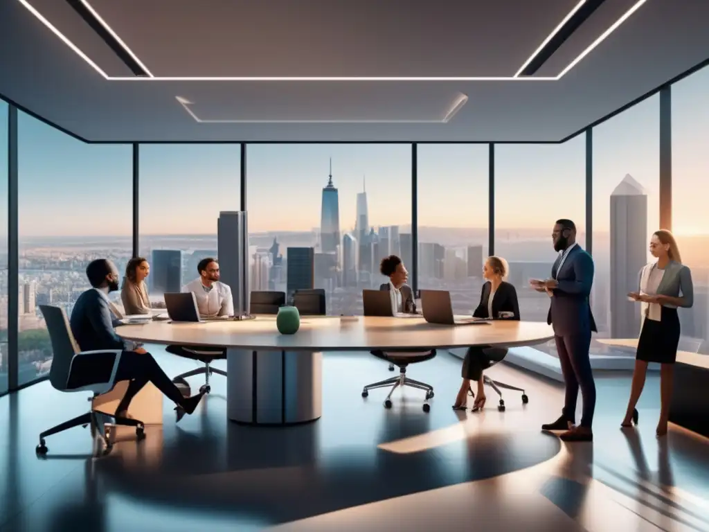 Oficina moderna con vista panorámica y profesionales diversificados Oficina moderna con vista panorámica de ciudad, profesionales diversificados, análisis financiero y diversificación efectiva