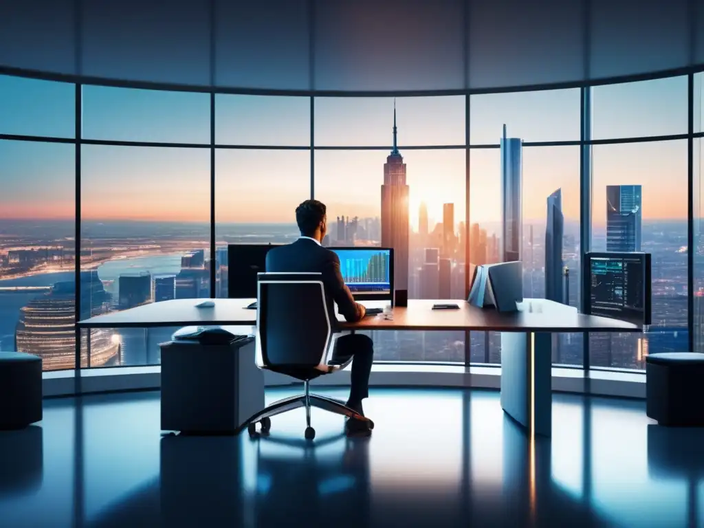 Oficina moderna con vista panorámica de la ciudad y análisis de acciones Oficina moderna con vista panorámica de una ciudad; estrategias de inversión activa