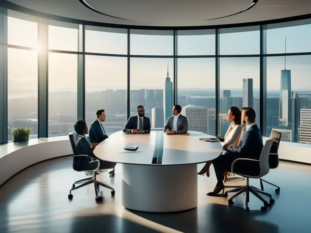 Oficina moderna con profesionales discutiendo Oficina moderna con vista panorámica de ciudad