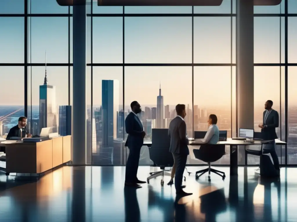 Oficina moderna: profesionales y estrategias de inversión Oficina moderna con vista panorámica de ciudad y profesionales discutiendo estrategias de inversión