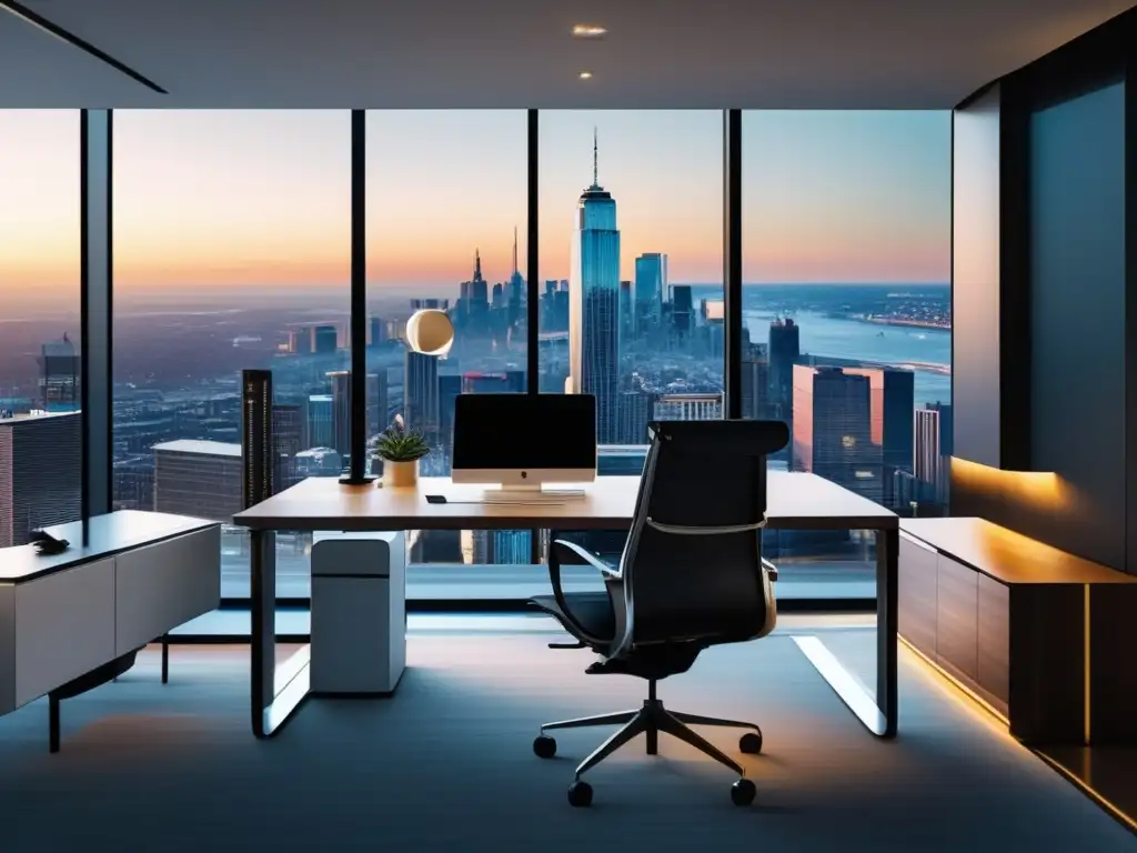 Moderna oficina con vista panorámica Oficina moderna con vista panorámica a la ciudad y tácticas de negociación inmobiliaria eficientes