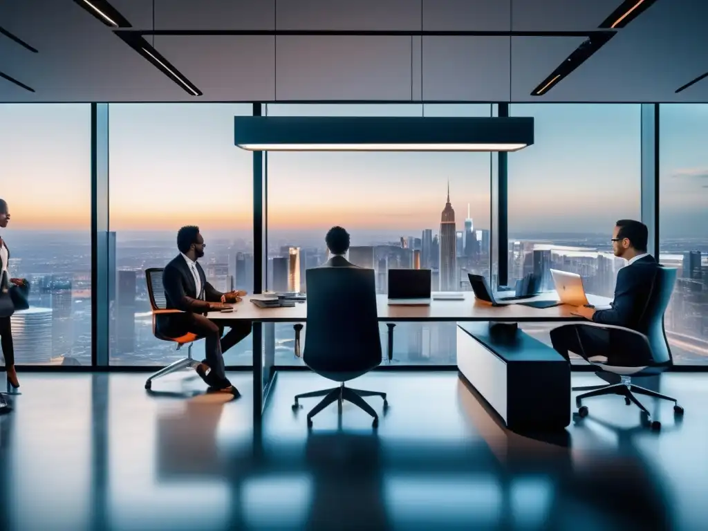 Oficina moderna con vista panorámica de la ciudad Oficina moderna con vista panorámica de ciudad, profesionales diversos analizando gráficos y estrategias de inversión a corto plazo