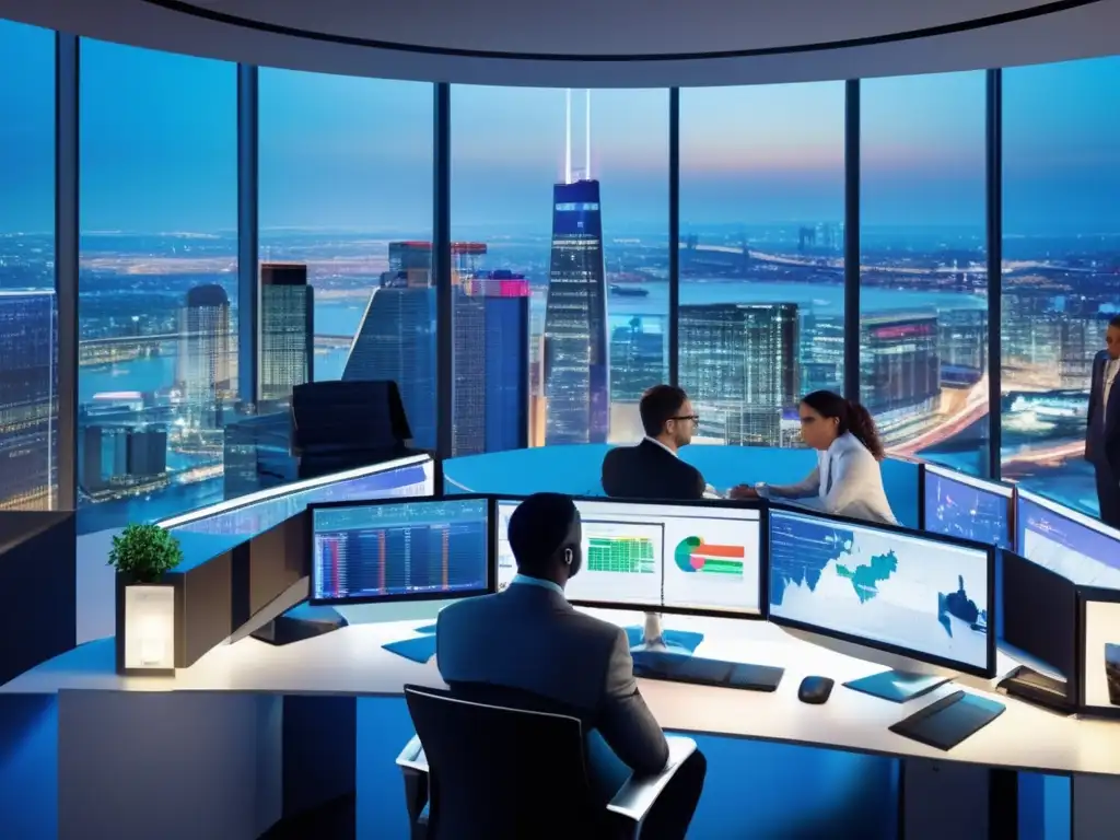 Oficina moderna con vista panorámica y tecnología avanzada Oficina moderna con vista panorámica de la ciudad y traders discutiendo estrategias de inversión en dividendos