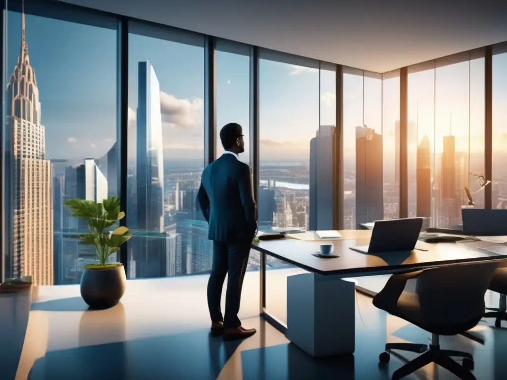 Profesionales en una oficina moderna con vista a la ciudad Oficina moderna con vista panorámica de una ciudad bulliciosa