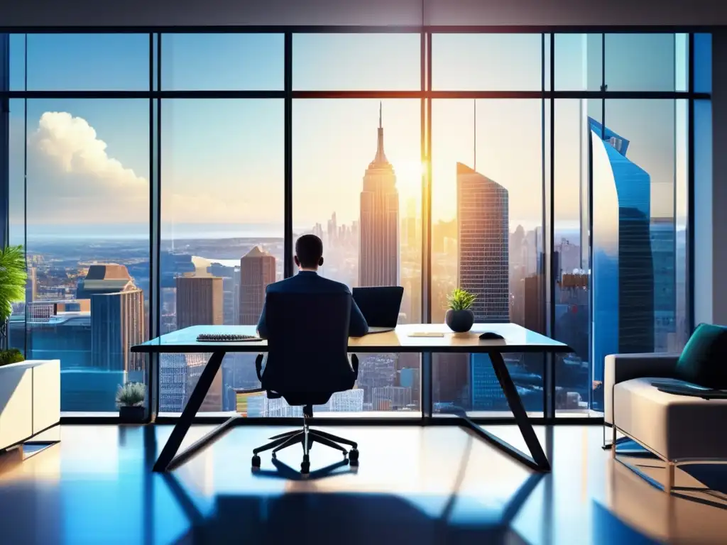 Oficina moderna con vista urbana, profesional analiza datos Oficina moderna con vista panorámica de la ciudad