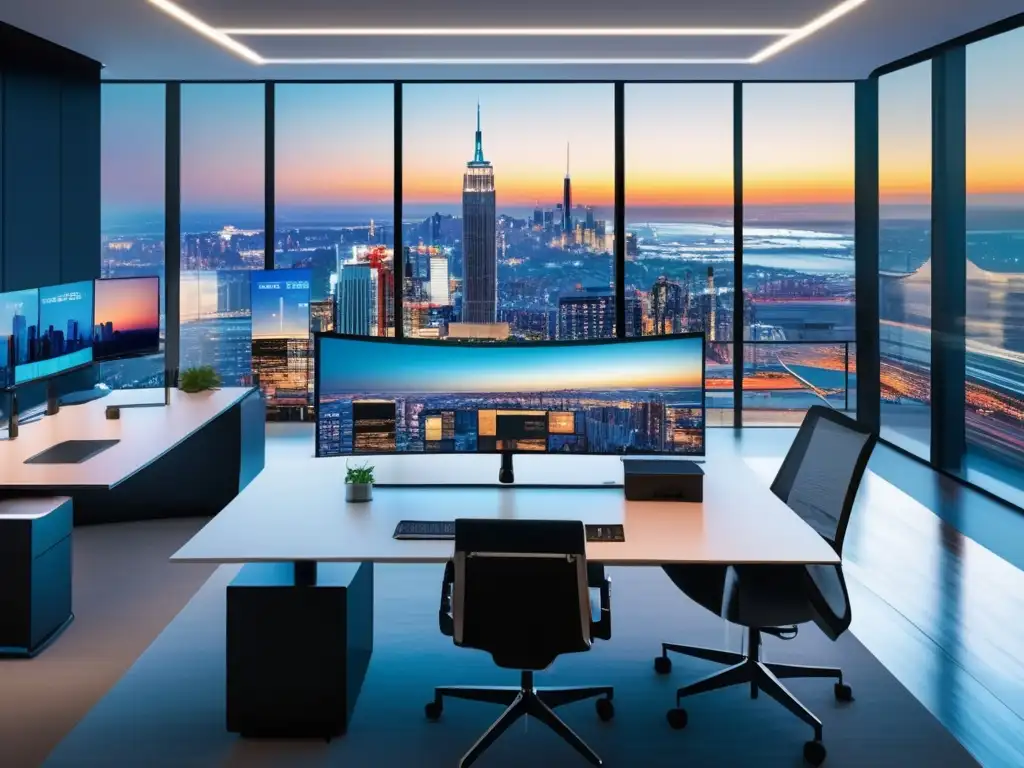 Oficina moderna con vista panorámica de la ciudad Oficina moderna con vista panorámica de la ciudad: Equilibrando riesgo y recompensa en criptomonedas