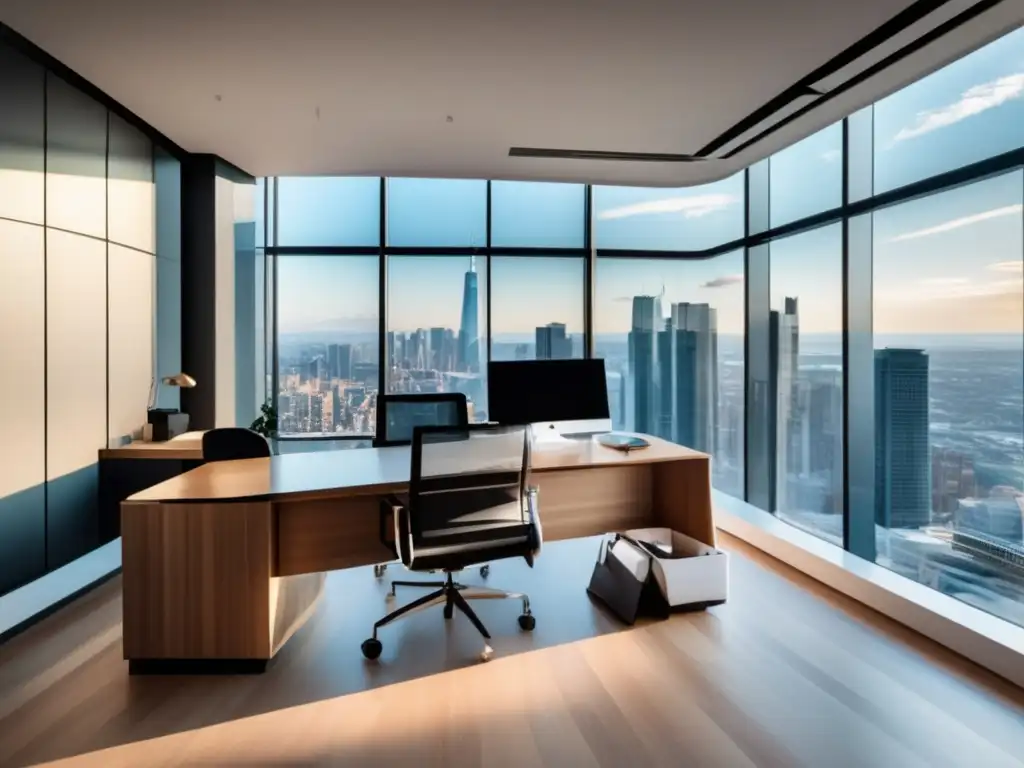 Oficina moderna con vista panorámica Oficina moderna con vista panorámica, escritorio de madera pulida y libros sobre estrategias de inversión exitosas