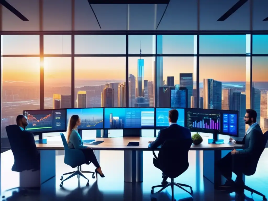 Oficina moderna con profesionales analizando criptomonedas Oficina moderna con vista panorámica de la ciudad y profesionales discutiendo estrategias de inversión en criptomonedas