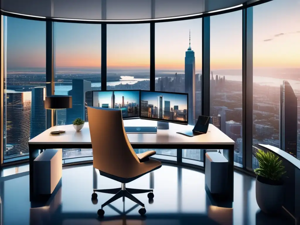 Oficina moderna con vista panorámica de una ciudad vibrante Oficina moderna con vista panorámica de ciudad