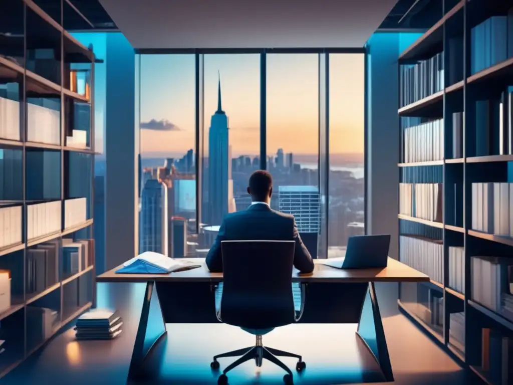 Oficina moderna con vista panorámica de la ciudad Oficina moderna con vista panorámica, persona profesional revisando pólizas de seguros e inversiones