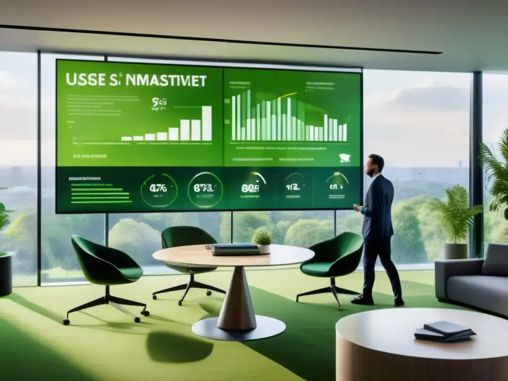 Oficina moderna con vista al parque y profesionales de inversiones Oficina moderna con vista a un parque verde, muebles minimalistas, tecnología avanzada y fondos de inversión sostenibles tendencia