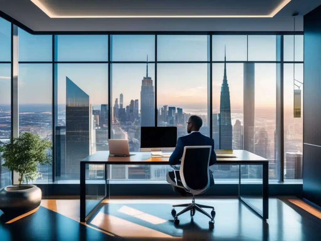 Oficina moderna con vista panorámica de la ciudad Oficina moderna con vista urbana, muebles minimalistas y estrategias fiscales para inversores